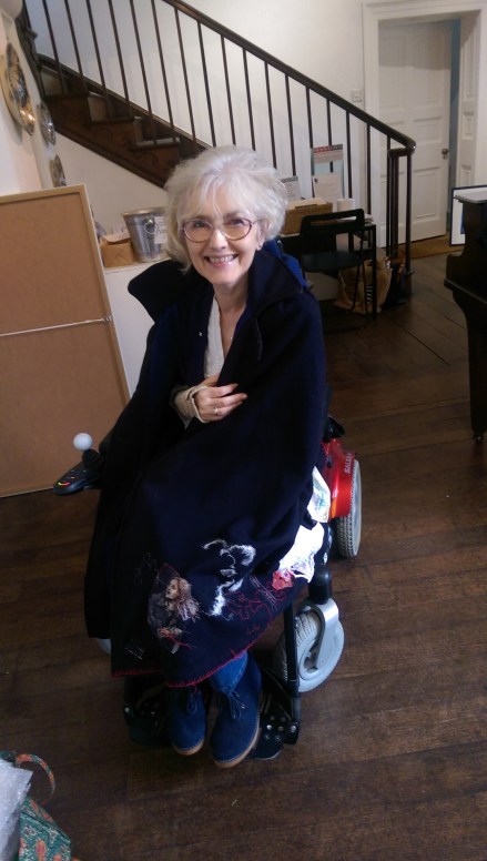 Eileen Harrisson Self wearing nurse's cape Mid Wales Arts Centre Sept 2017